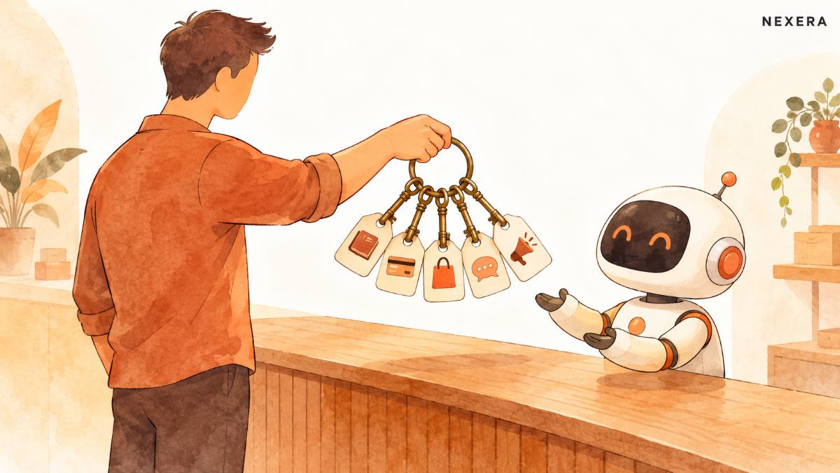 A faceless man at a shop counter handing a ring of keys to a small friendly robot, each key tagged with an icon for books, payments, shopping, messages and ads