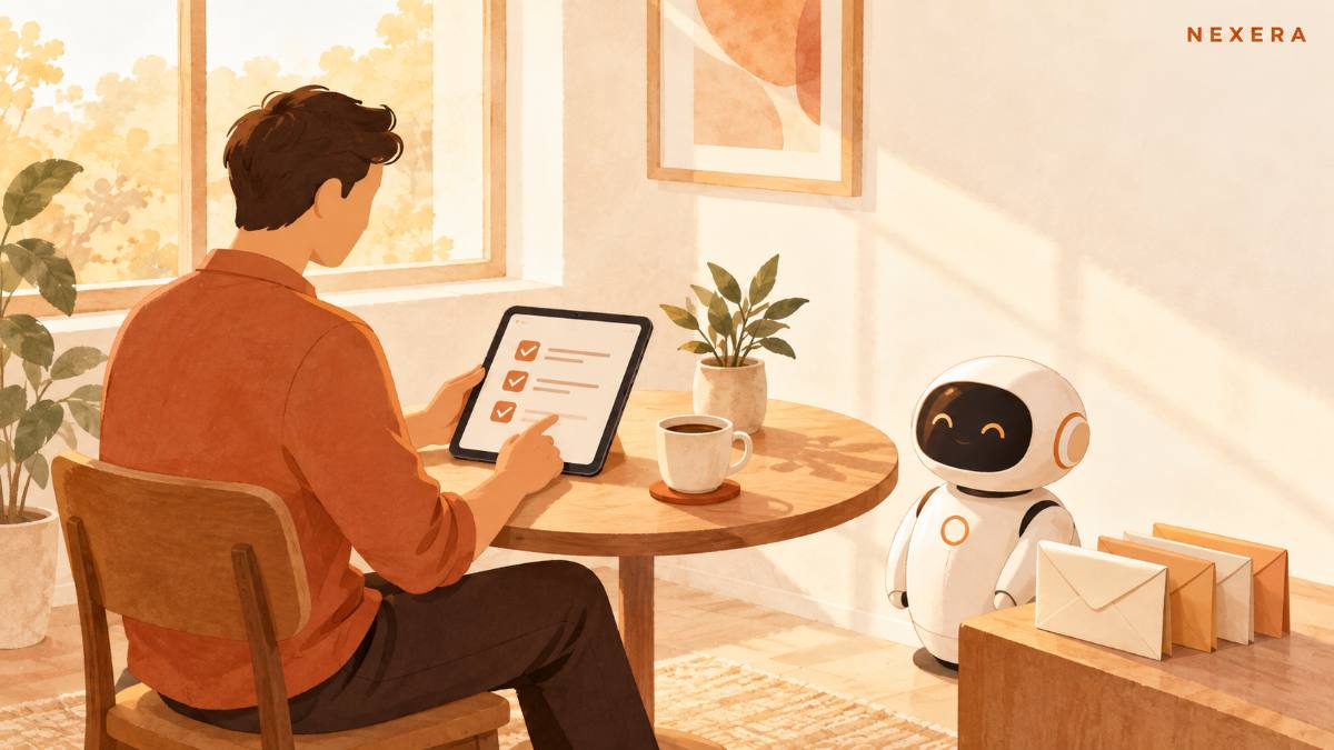 A faceless man at a sunny morning table with a cup of coffee reviewing a checklist on a tablet while a small robot waits beside a row of envelopes