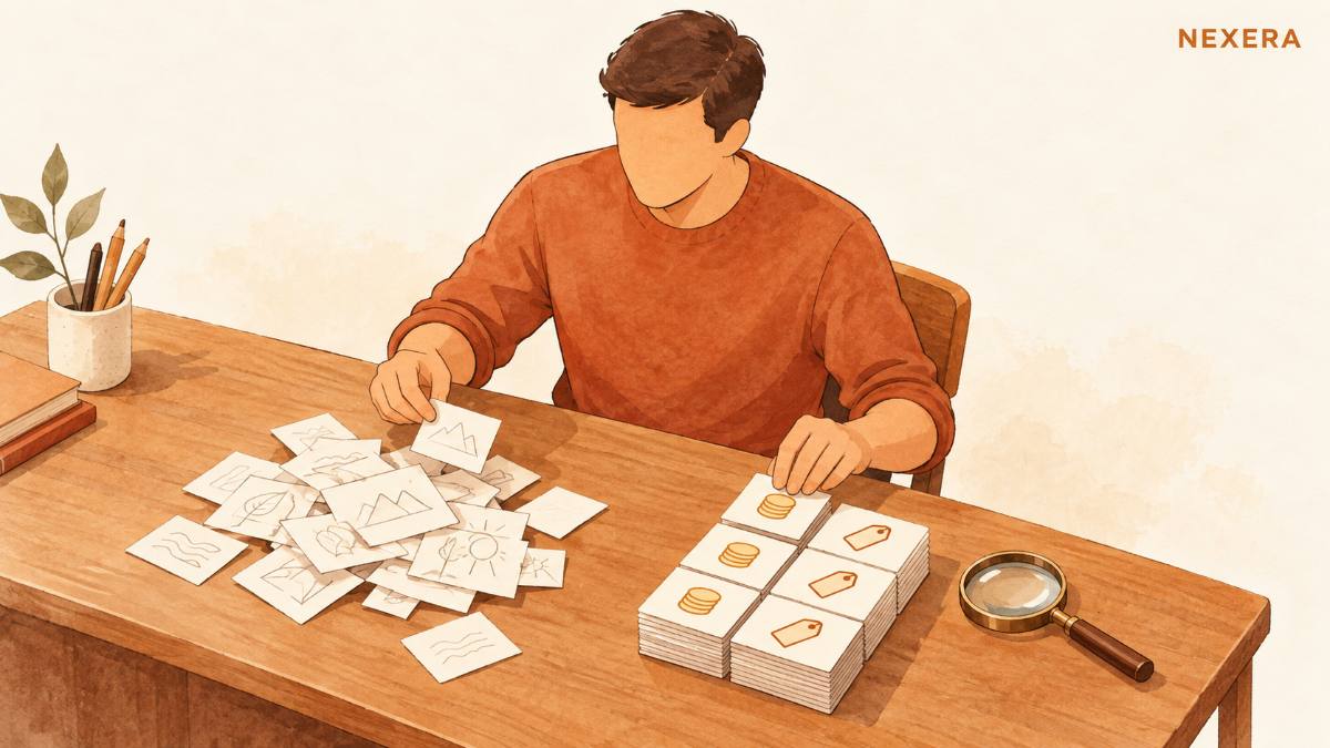 A faceless man at a wooden desk sorting paper cards into two piles, a loose pile of sketches and a neat pile marked with coin and price-tag icons beside a magnifying glass