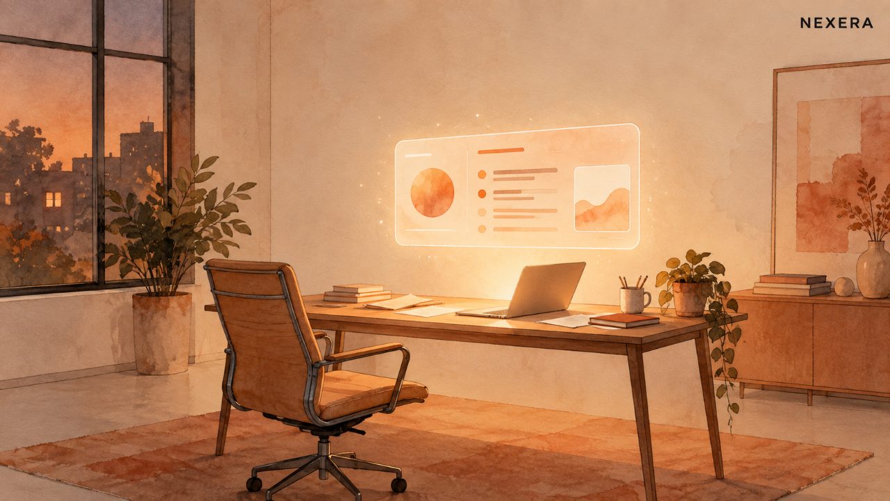 A glowing assistant panel working alone at an empty desk in a dim office at night