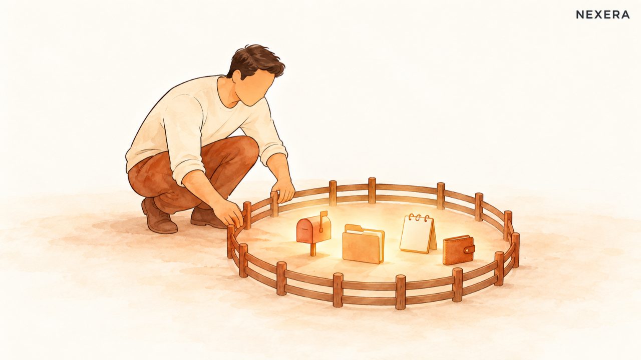 A faceless man placing a low fence around a small glowing garden of business tools