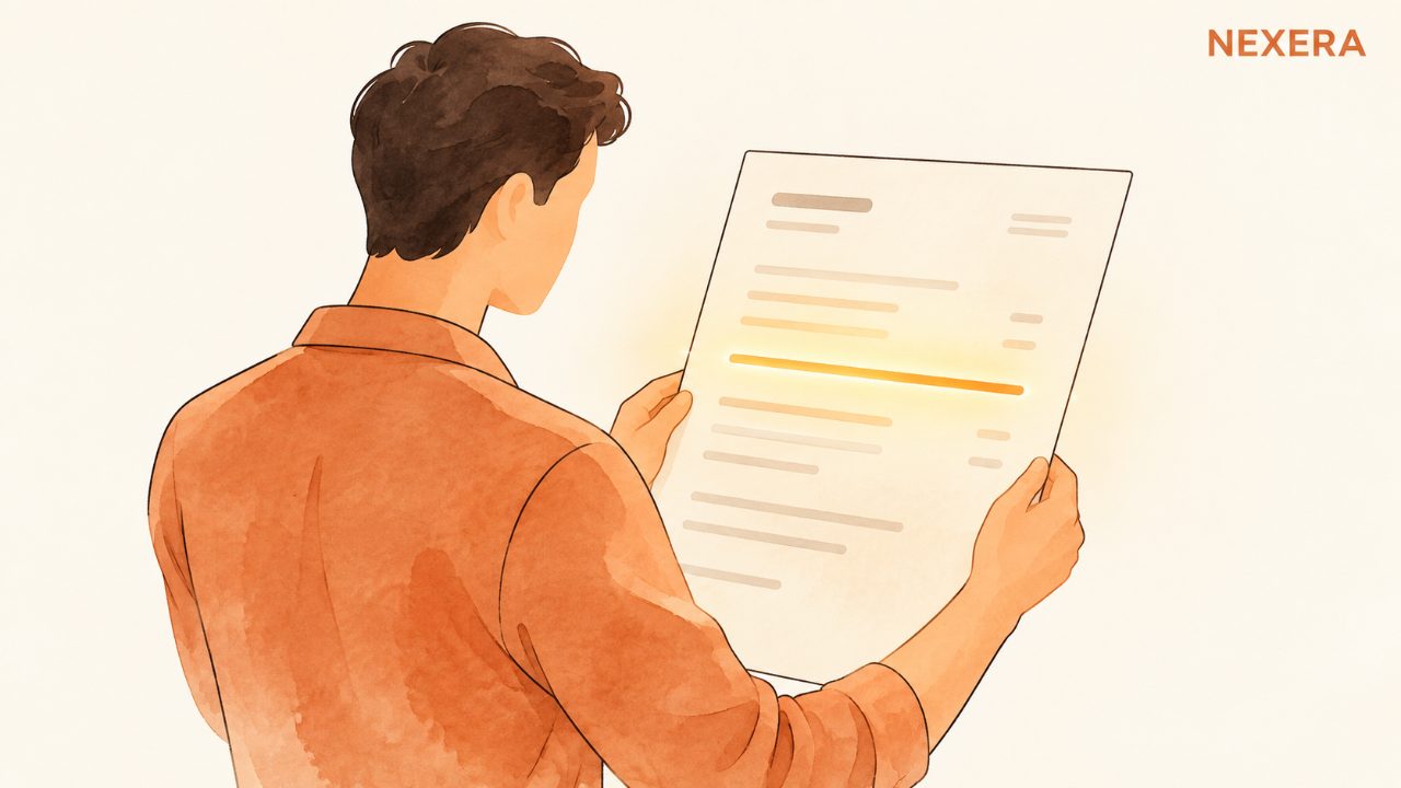 A faceless man reading a document with a faint hidden line of text glowing inside it