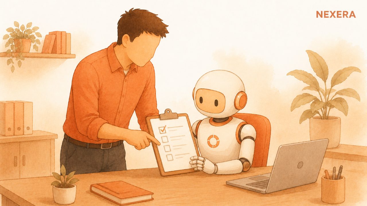 A faceless man showing a small robot the ropes at a desk, a checklist between them like a first day on the job