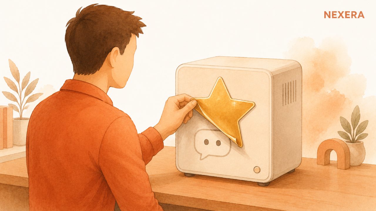 A faceless man peeling a shiny AGENT sticker off a plain chatbot box to reveal what it really is
