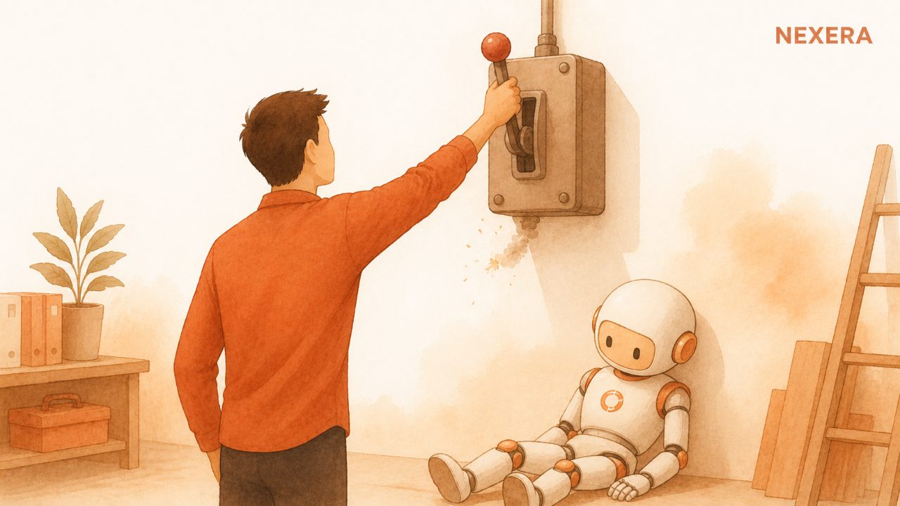 A faceless man flipping a large wall switch labeled AGENT and getting a shrug of sparks instead of magic