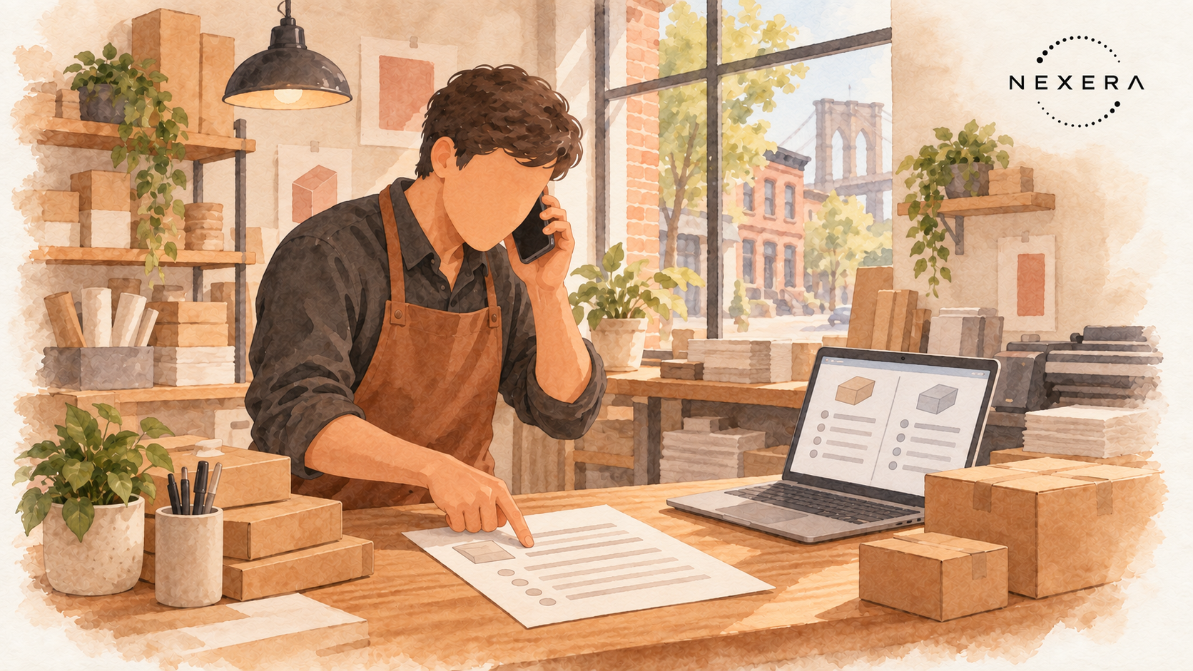 A print-shop owner checking the original quote while asking a supplier a question by phone