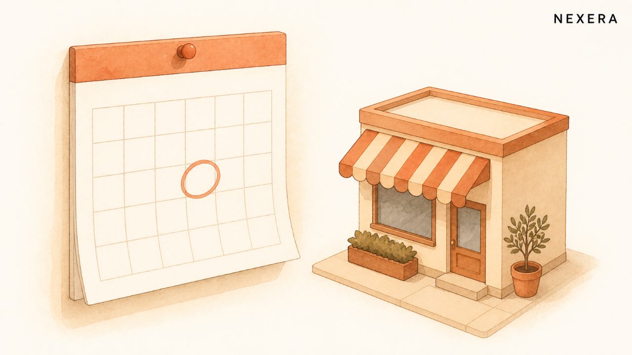 A wall calendar page with one date circled, beside a small storefront