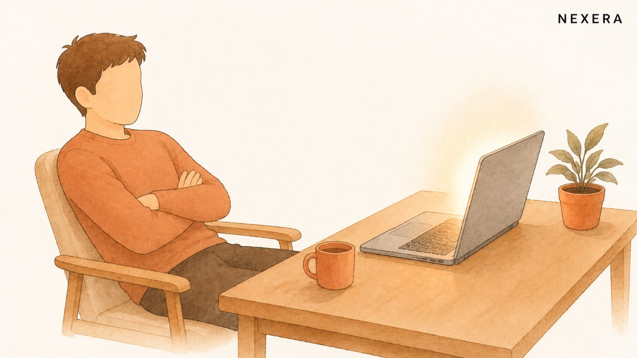 A faceless man leaning back from a glowing laptop with his arms folded