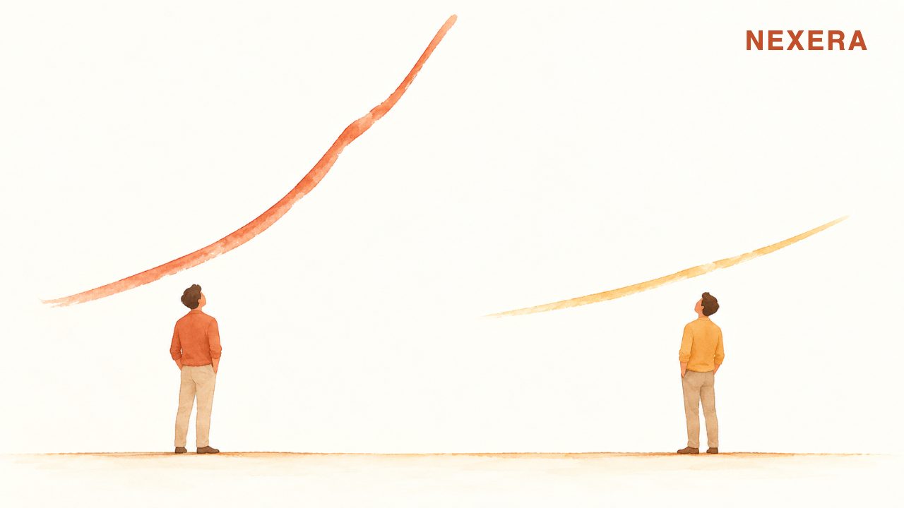 Two faceless men standing on the same ground looking at two very different rising lines