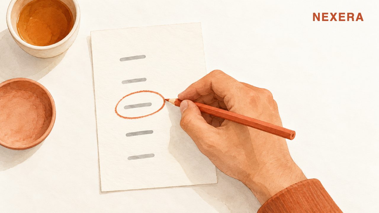 A faceless man circling a single number on one sheet of paper