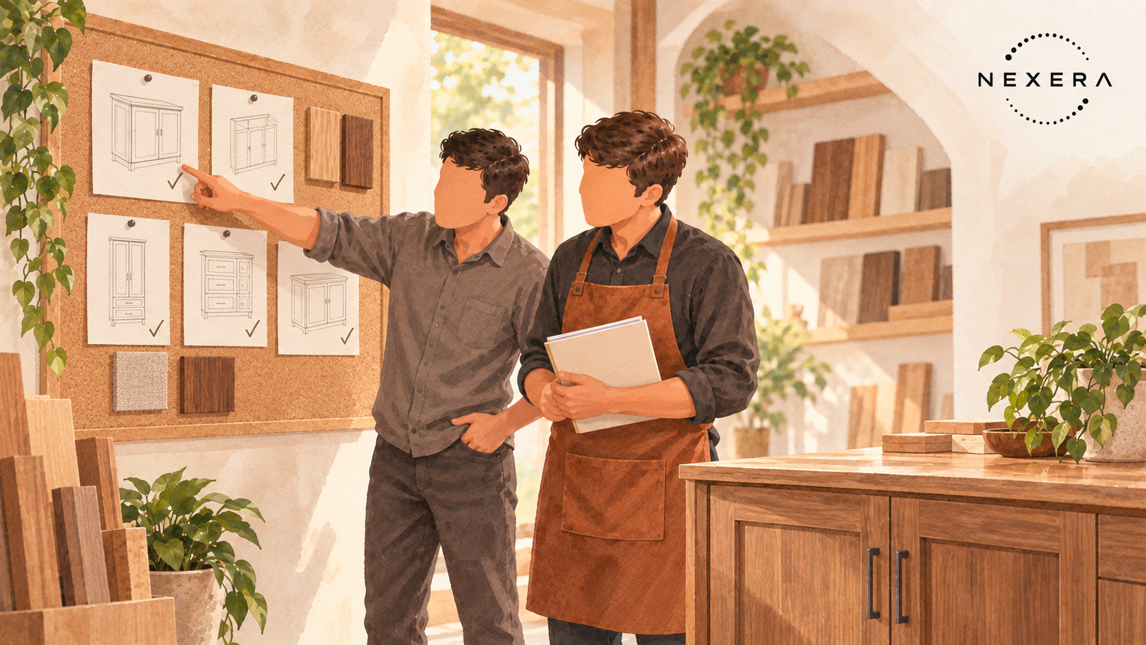 A cabinet-shop owner and colleague reviewing confirmed jobs on a wall board beside a finished cabinet