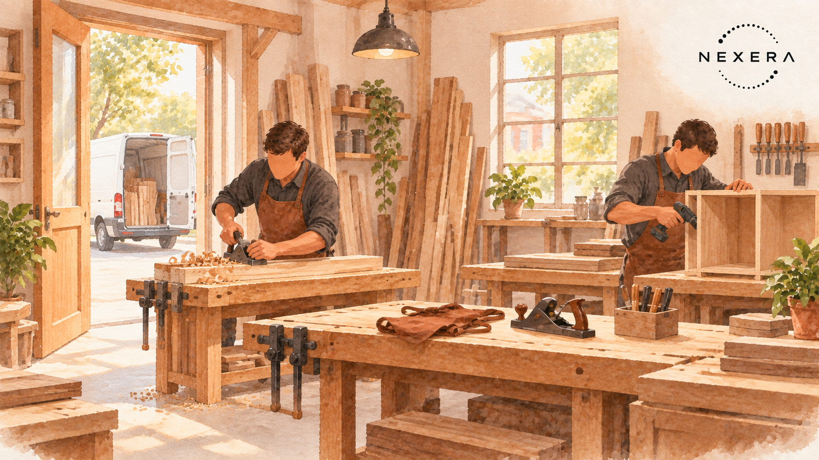 Two cabinetmakers working at separate benches with space prepared for another skilled worker