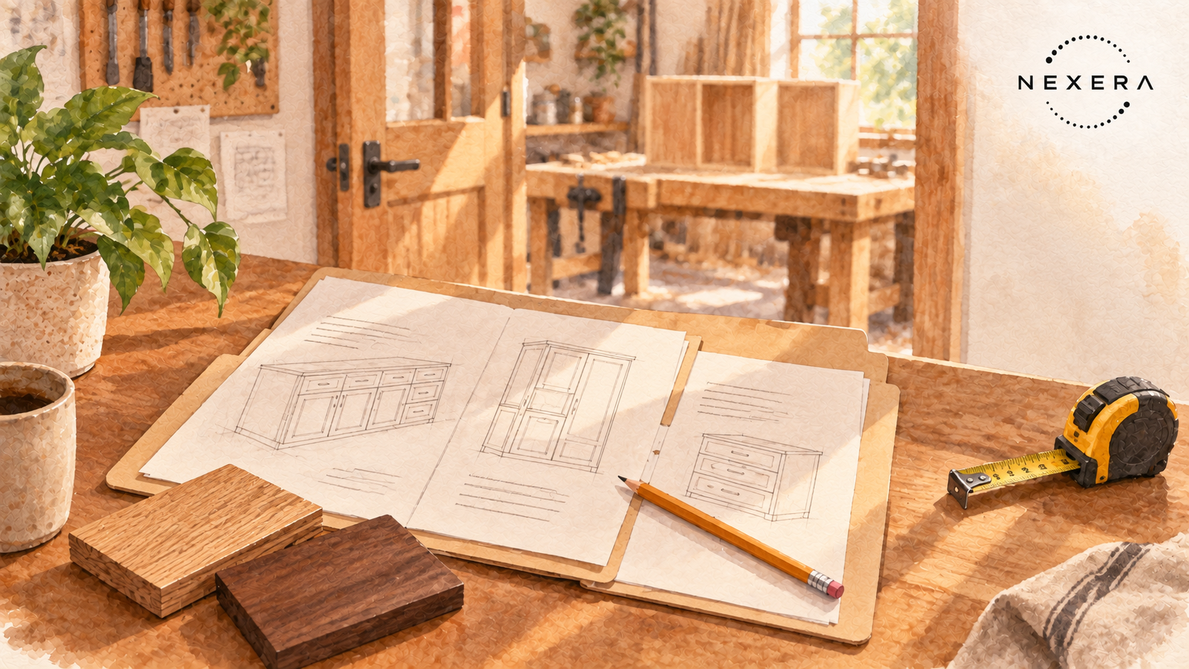 Unfinished cabinet estimates beside material samples while a workshop waits beyond an office doorway