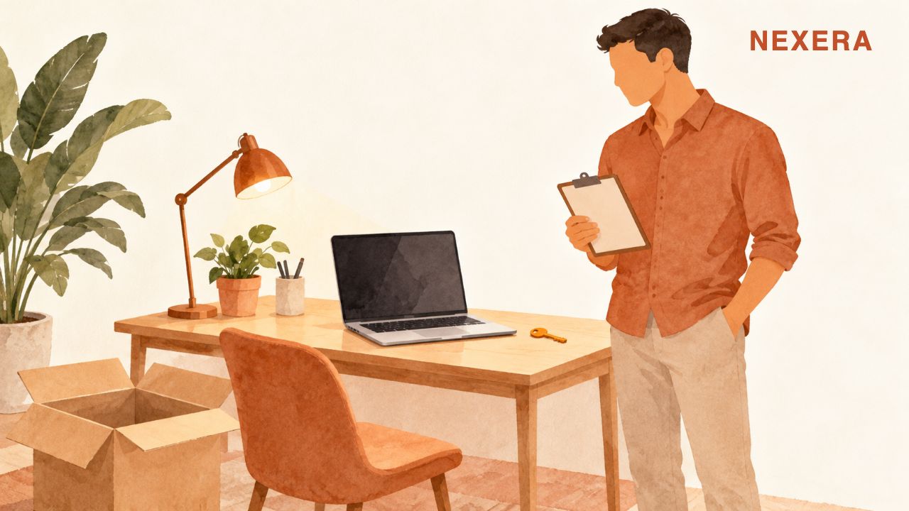 A faceless man with a clipboard beside a new laptop just unboxed on an empty desk