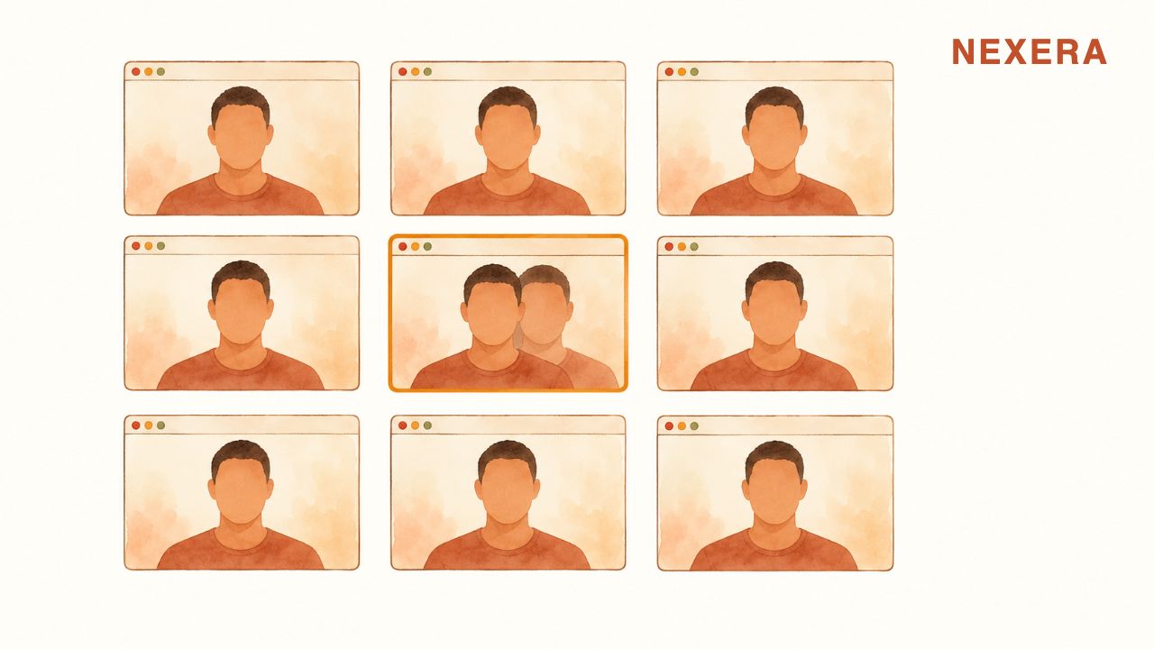 A grid of identical video call windows, one outlined in amber showing a doubled figure