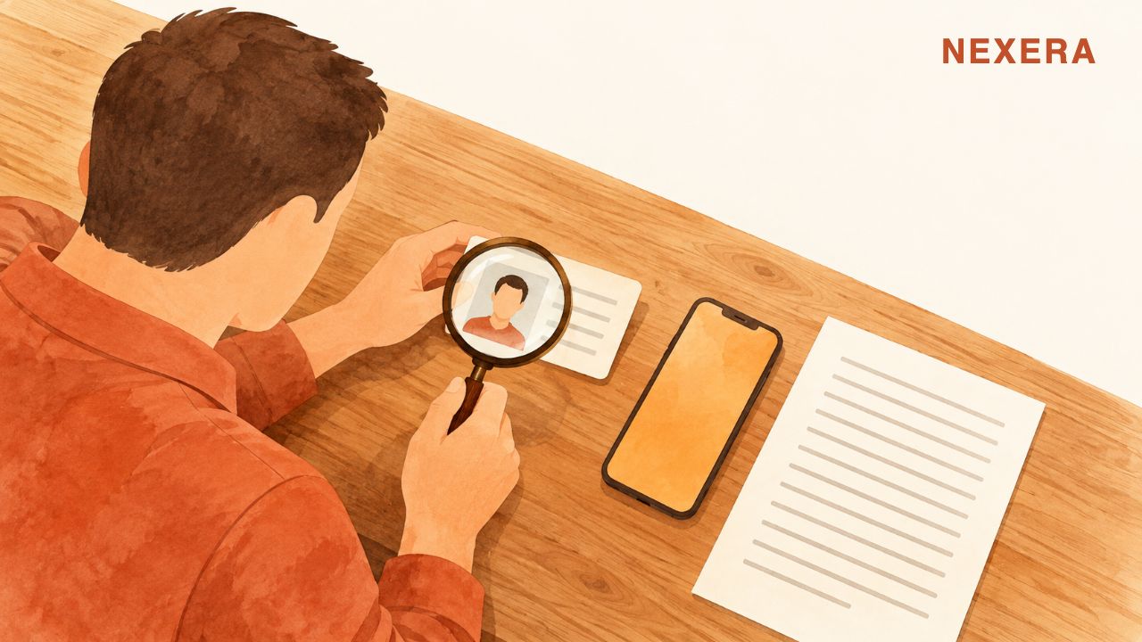 A faceless man holding a magnifying glass over an ID card beside a phone and a printed page