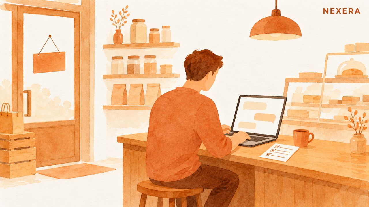 A faceless man at a laptop in a quiet shop after hours, typing a question to a friendly assistant on screen with a short checklist beside him