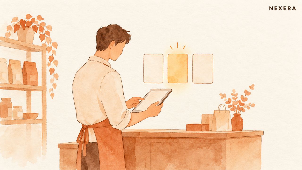 A faceless man at a shop counter looking at a tablet that lines up three product cards side by side, one card glowing amber