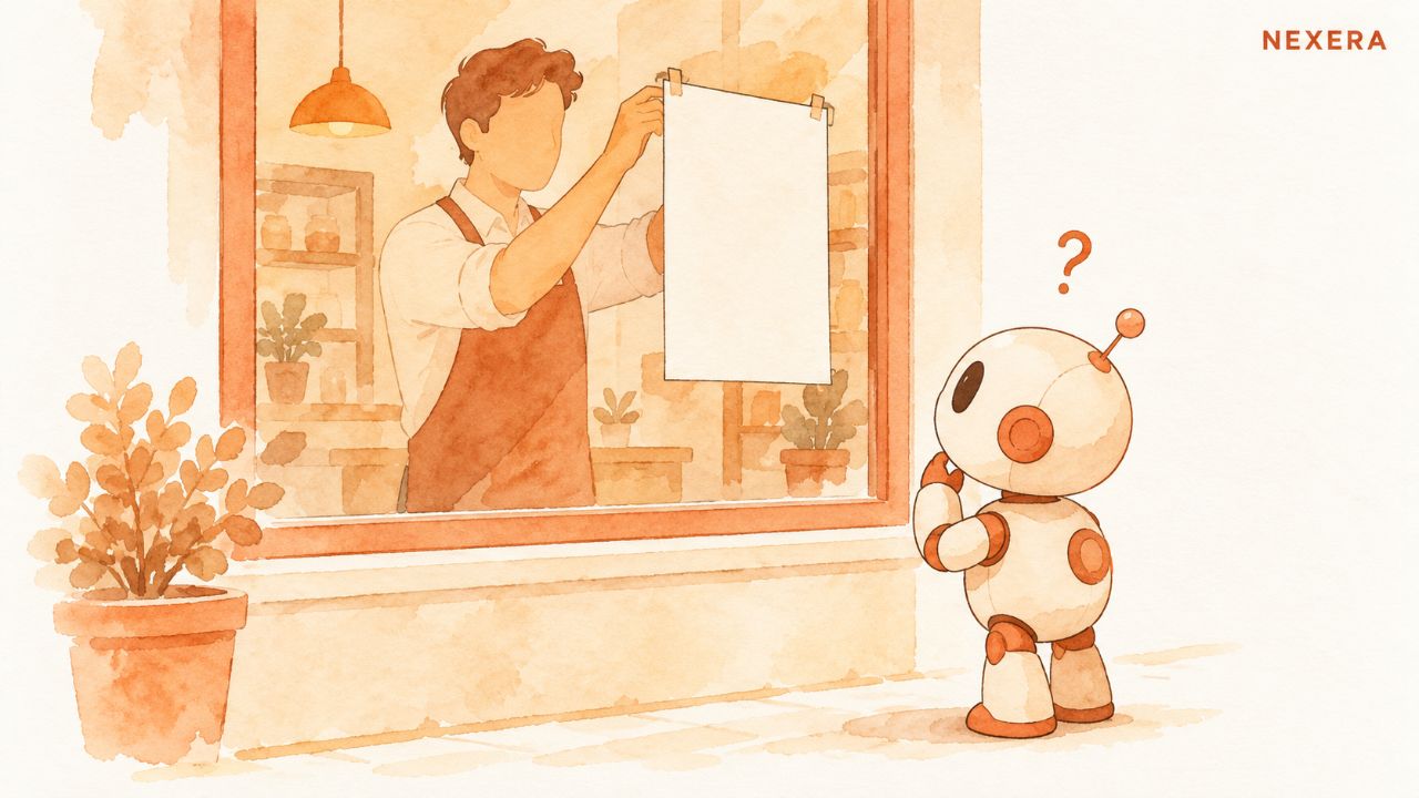 A faceless man pinning a blank paper flyer inside a shop window while a puzzled small robot looks at it from outside