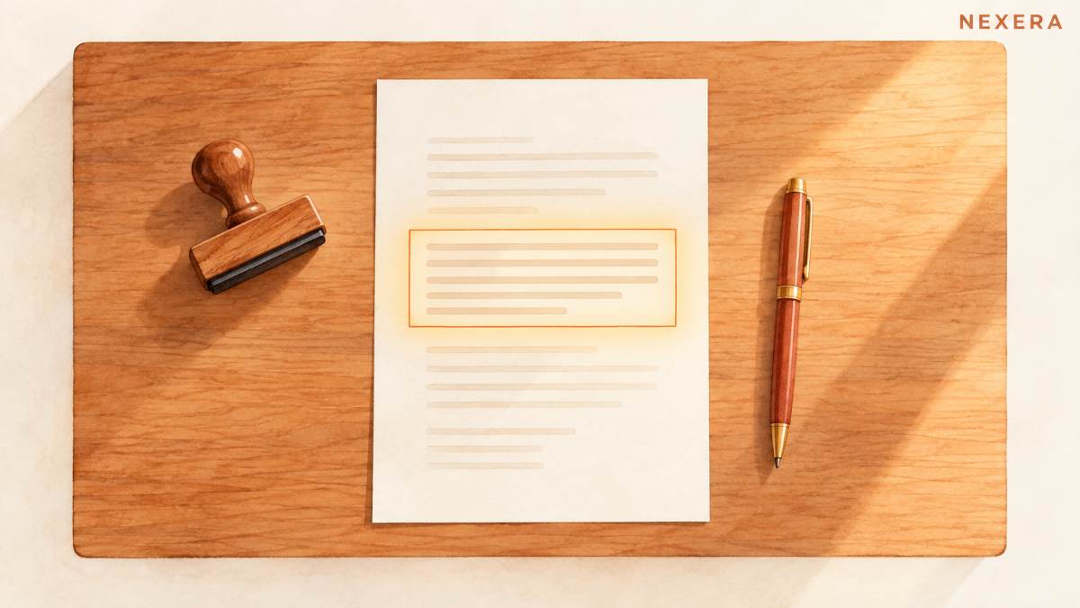 An overhead view of a single policy page with one paragraph boxed and glowing, a stamp and a pen beside it