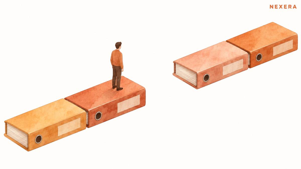 Four document binders laid end to end across a gap, with the middle section missing and a man standing at the near edge