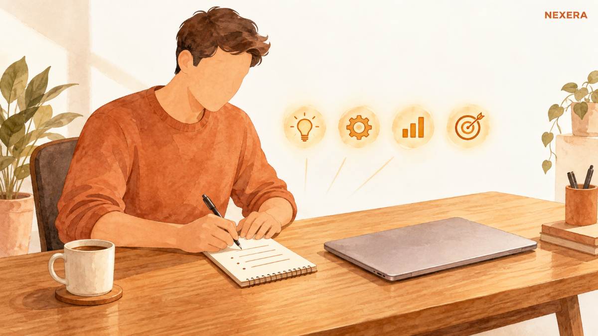 A man writing a short list of AI tools on a notepad beside a closed laptop