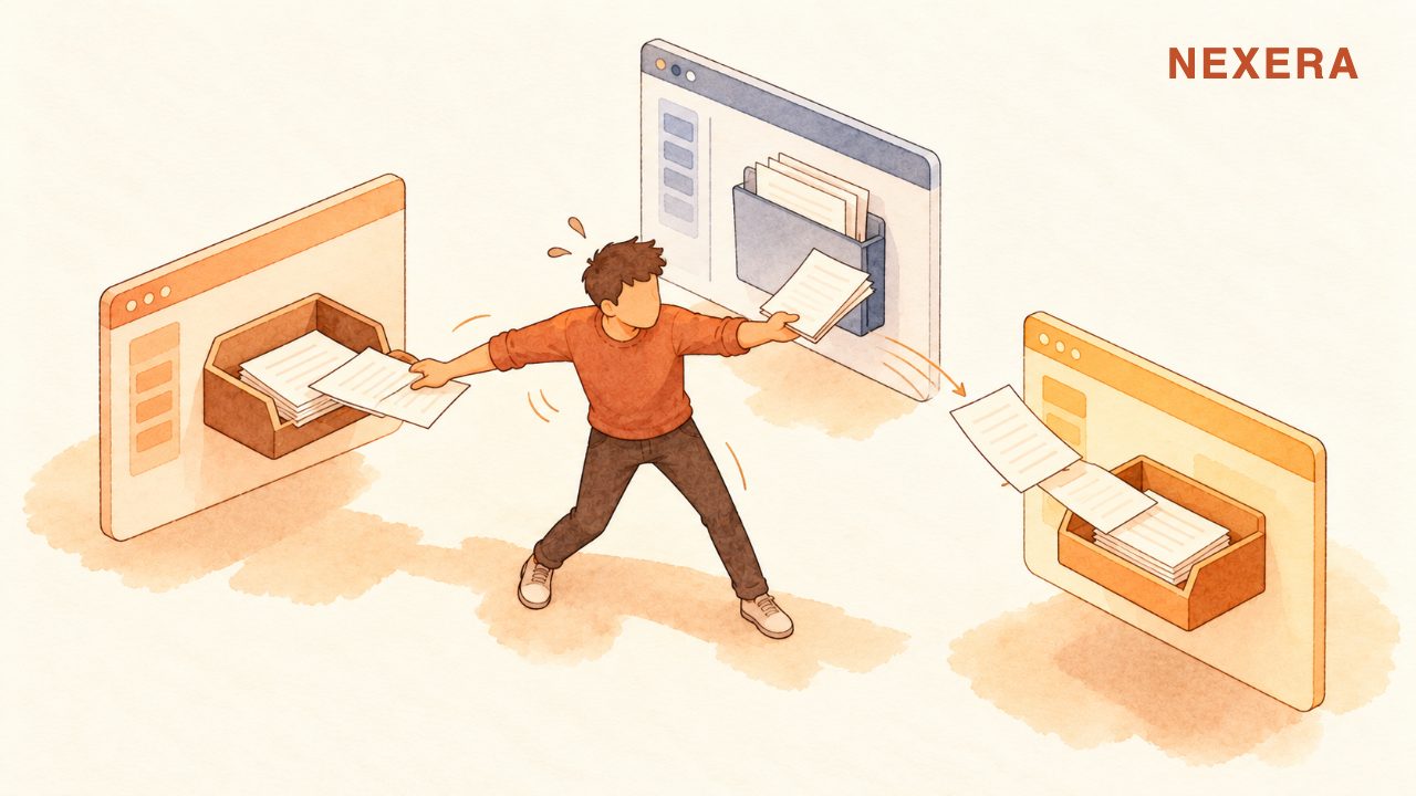 A faceless man standing between three separate app windows, stretching to hand papers from one to the next