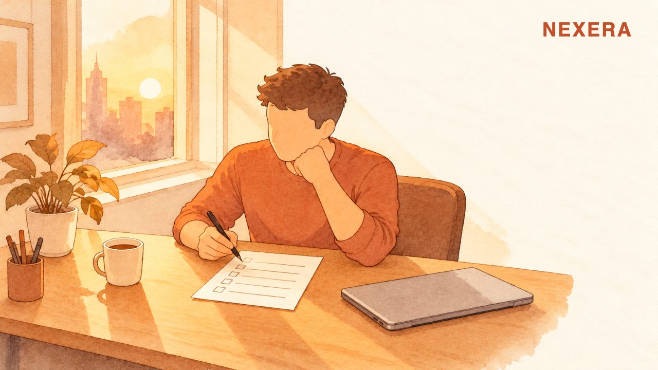 A faceless man at a clean desk working through a single short checklist in warm afternoon light