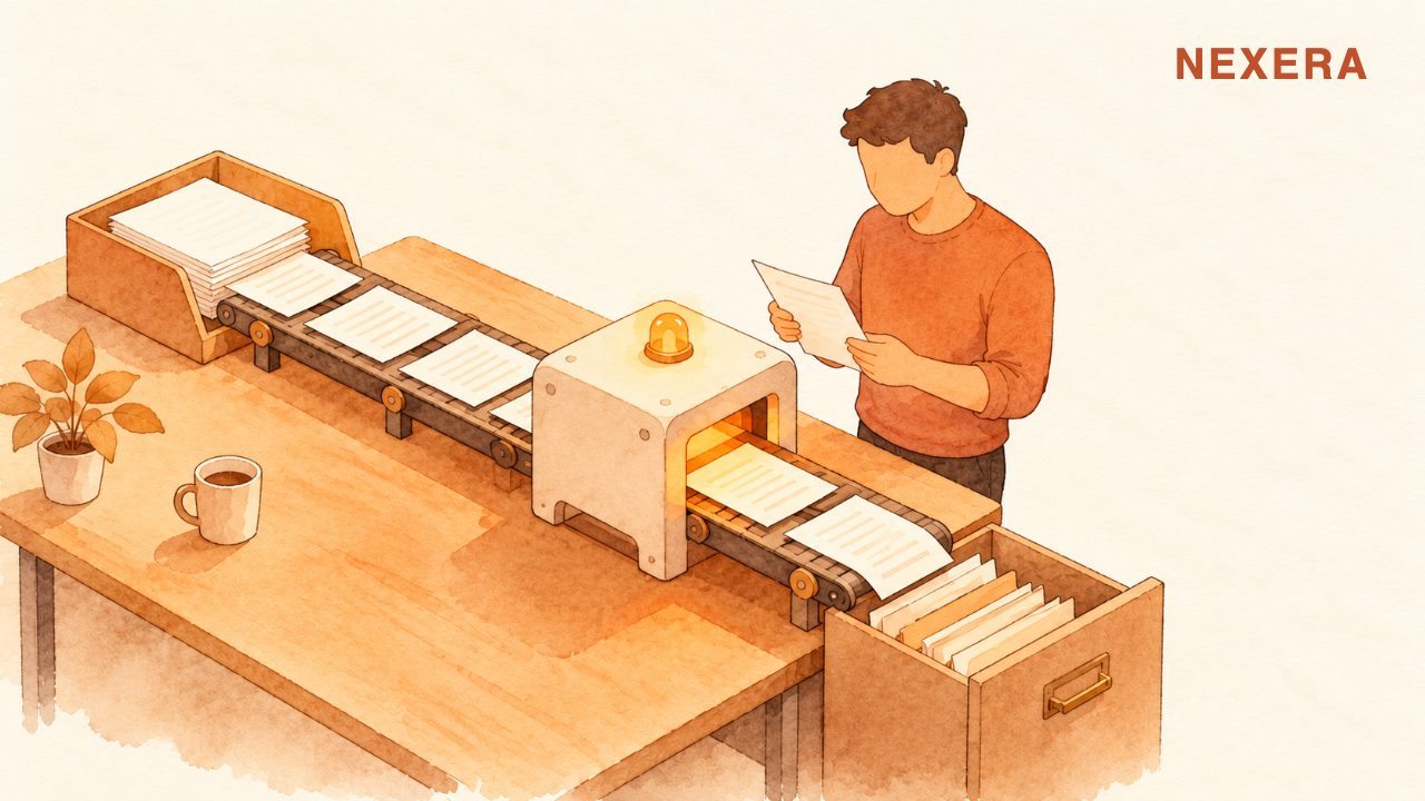 A faceless man checking one page while documents move on their own from an inbox tray through a small machine into a filing cabinet