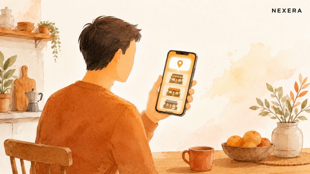 A man at his kitchen table asking a phone assistant for a local recommendation