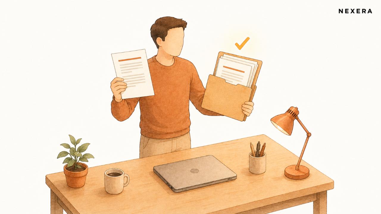 A business owner holding a fresh printout against a folder of five approved reference examples
