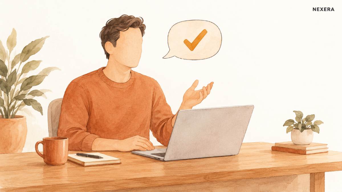 A faceless man at the start of a video call speaking with one hand raised, a small rounded speech bubble beside him holding an amber checkmark
