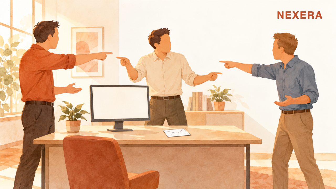 Three faceless men standing around a computer, each pointing at someone else