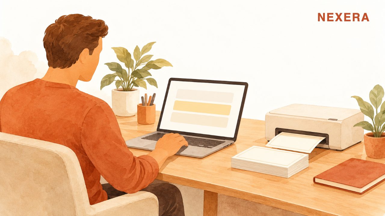 A faceless man at a desk calmly checking a short list of flagged items on a laptop while a small machine prints paychecks beside him
