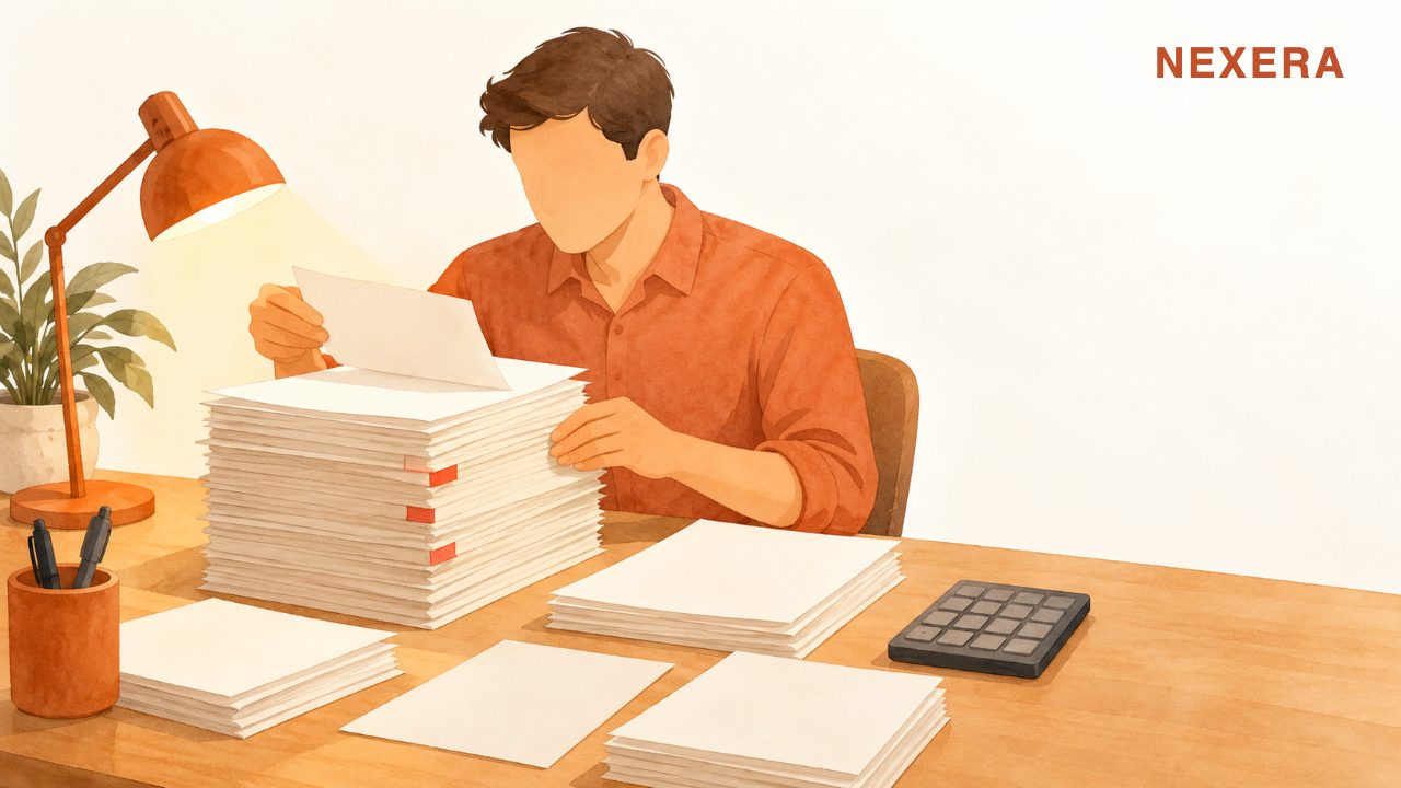 A faceless man at a desk sorting a tall stack of time sheets, a few sheets with red flags sticking out