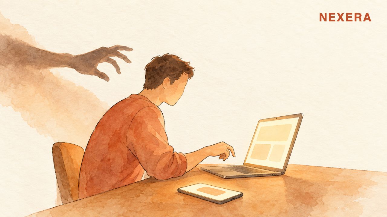 A faceless man hesitating at his laptop while a shadowy hand reaches in from the edge of the frame