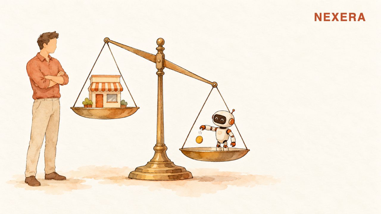 A faceless man watching an old balance scale where a small robot's single coin outweighs a tiny storefront