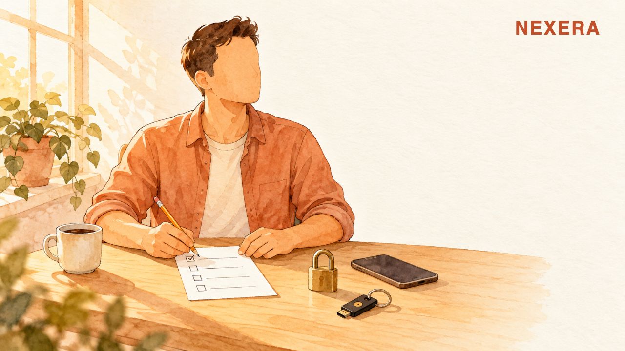 A faceless man at a sunny desk ticking a short checklist beside a padlock, phone and security key