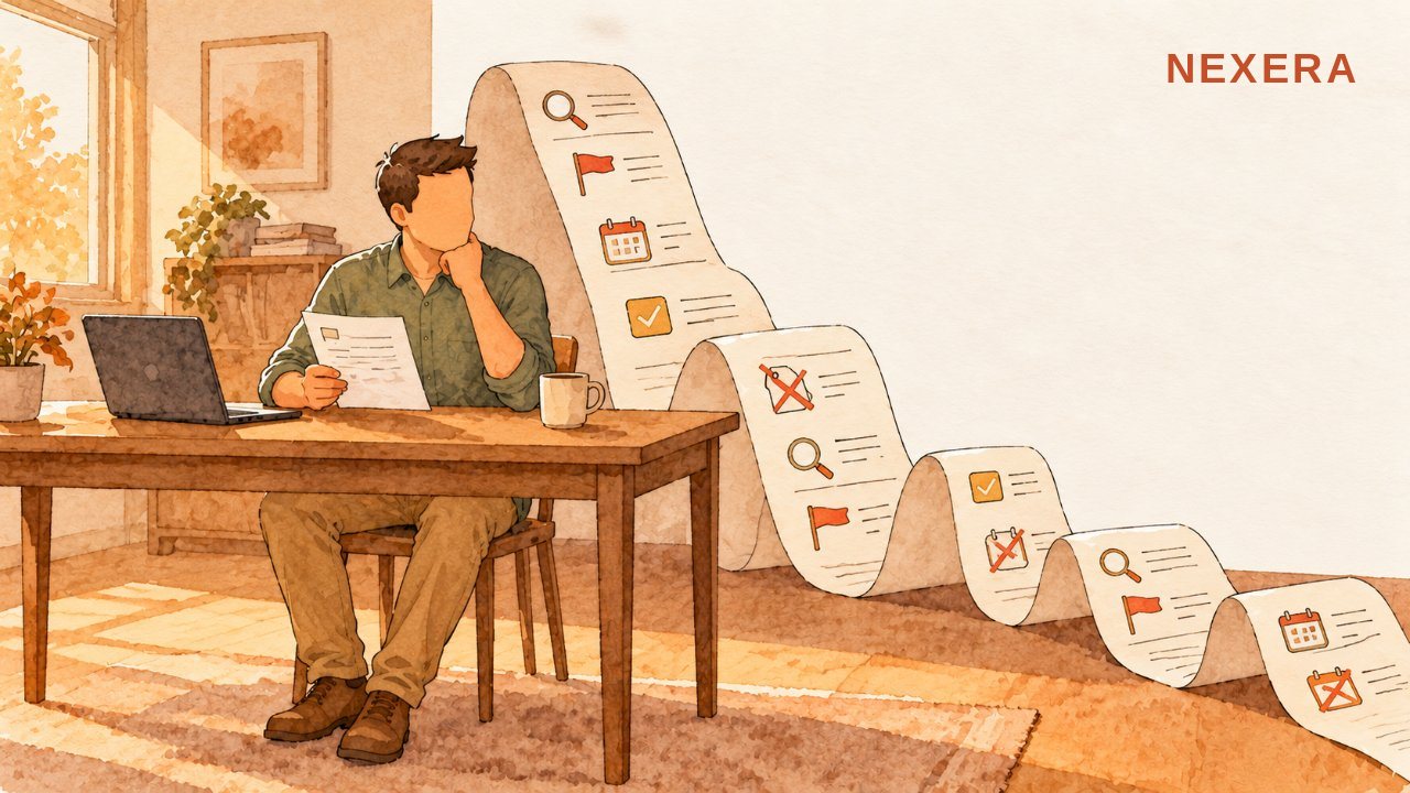 A faceless man at a desk holding a short invoice while a long hidden list of extra tasks unrolls behind it