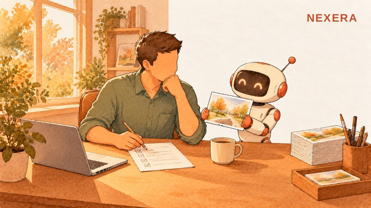 A faceless man at a tidy desk ticking a one-page checklist while a small robot hands him a finished postcard draft for approval