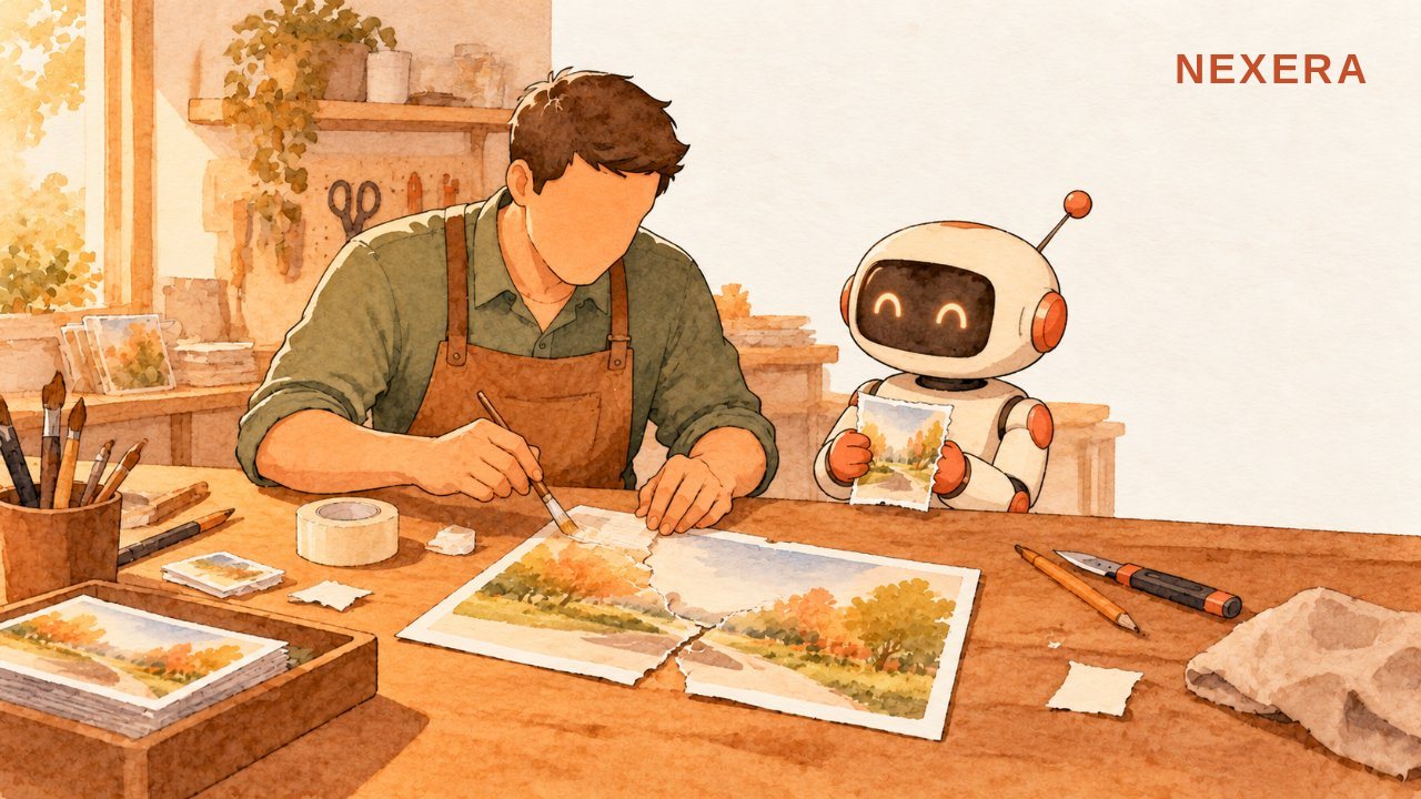 A faceless man in a work apron repairing a torn printed postcard with tape and a brush while a small robot holds the missing piece