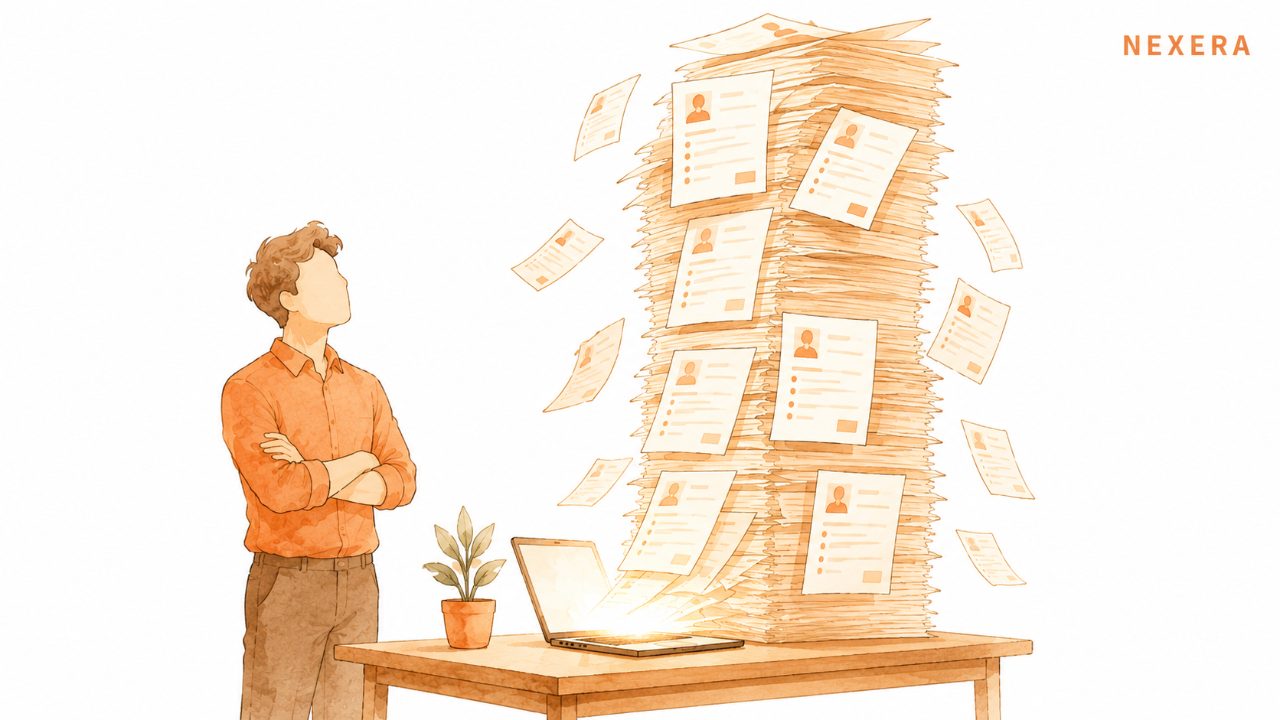 A small business owner dwarfed by a flood of identical resumes pouring from a laptop