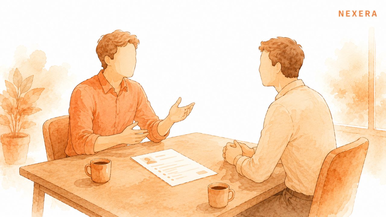 Two people in a real, unhurried interview conversation across a small table