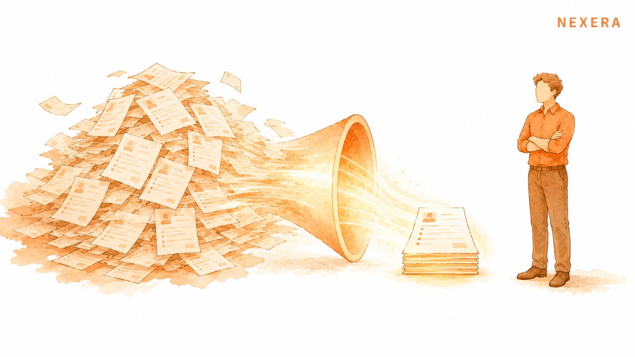 An AI light sorting a tall stack of resumes into one small shortlist