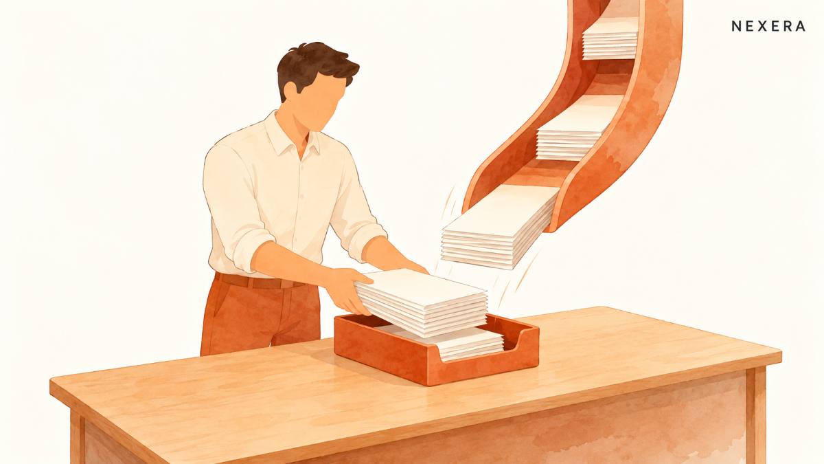 A faceless man lifting a stack of papers out of a desk tray while a new stack slides down a chute into the same tray