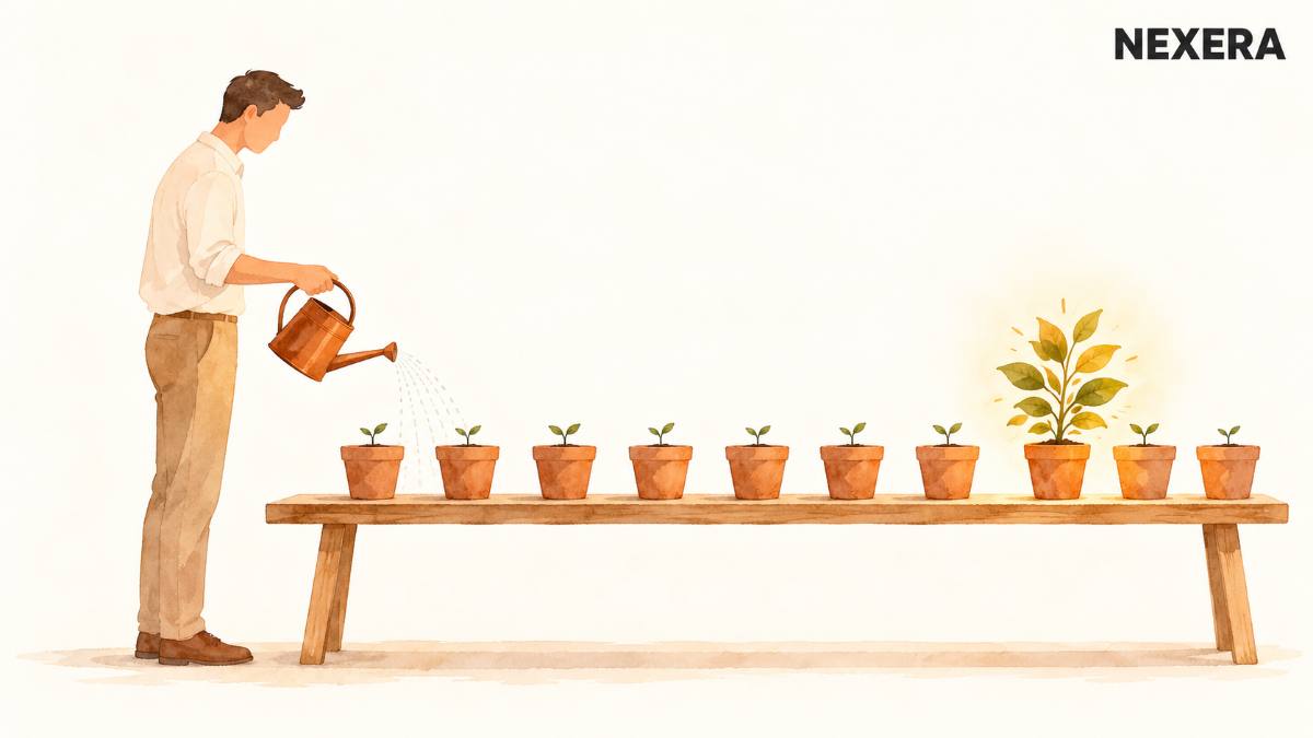 A faceless man watering a long row of small potted seedlings, one plant noticeably taller than the rest