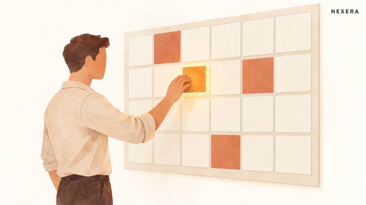 A faceless man at a wall planner placing a glowing amber block into one empty slot in the week