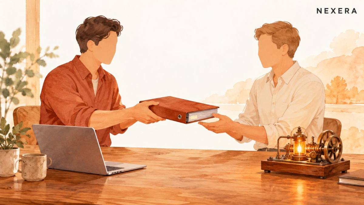 Two faceless men at a table passing a neatly bound binder between them, a laptop open beside it