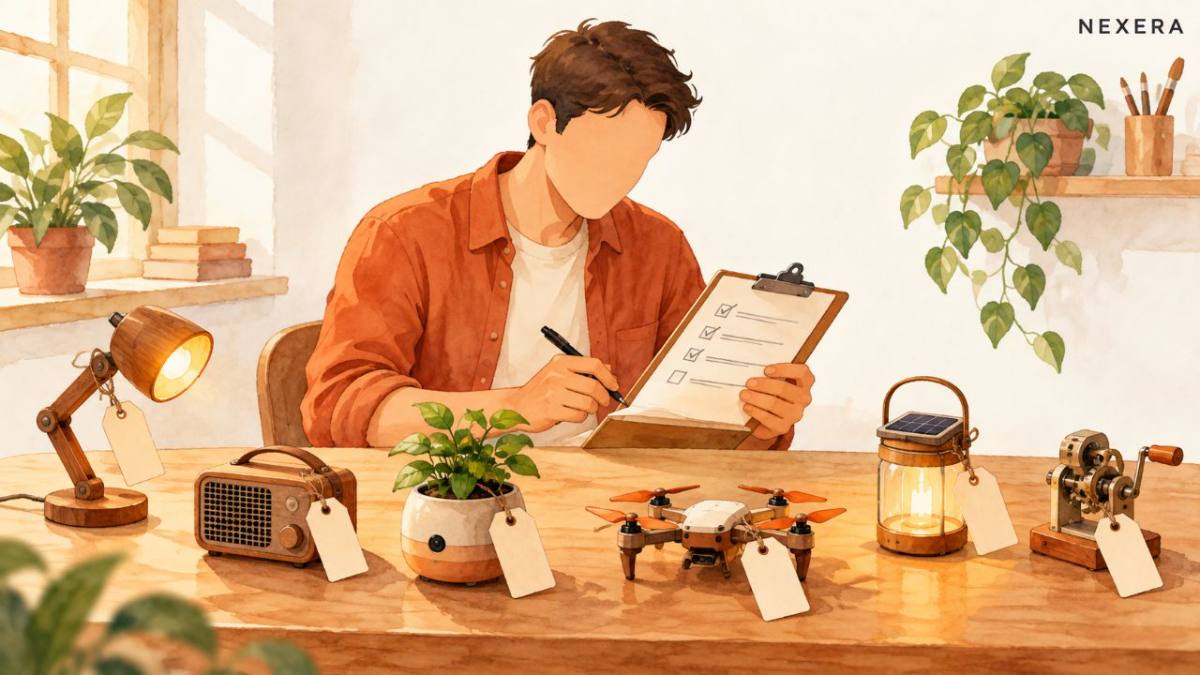 A faceless man at a desk surrounded by small handmade machines, each tagged with a blank paper label
