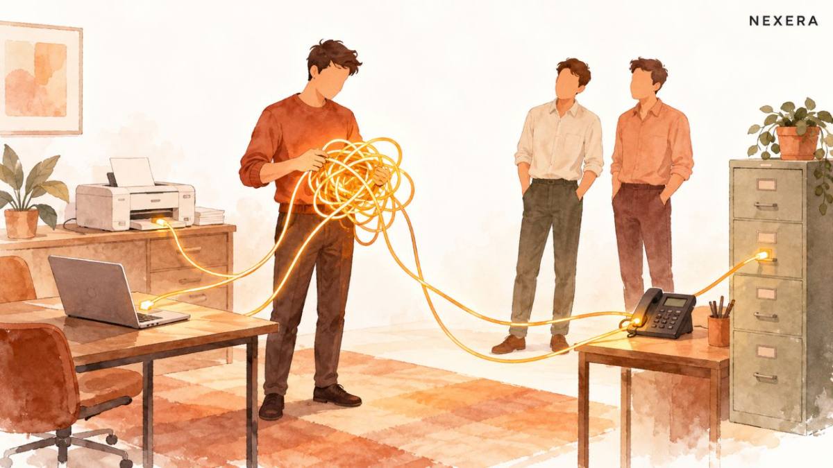 A single faceless man holding up a tangle of glowing cables connected to several office machines while coworkers wait